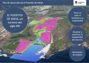 Lo de pintar las huertas que quedan de verde es un golpe buenísimo en verdad. Lo rosadito es el hormigón para cerca de 4.000 camas. Y los senderos marcados también para que esa masa humana colonice las playas protegidas del entorno, de las mejores de Tenerife.
