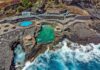 Imagen aérea de la zona turística de piscinas naturales del Charco Azul, en San Andrés y Sauces, La Palma.