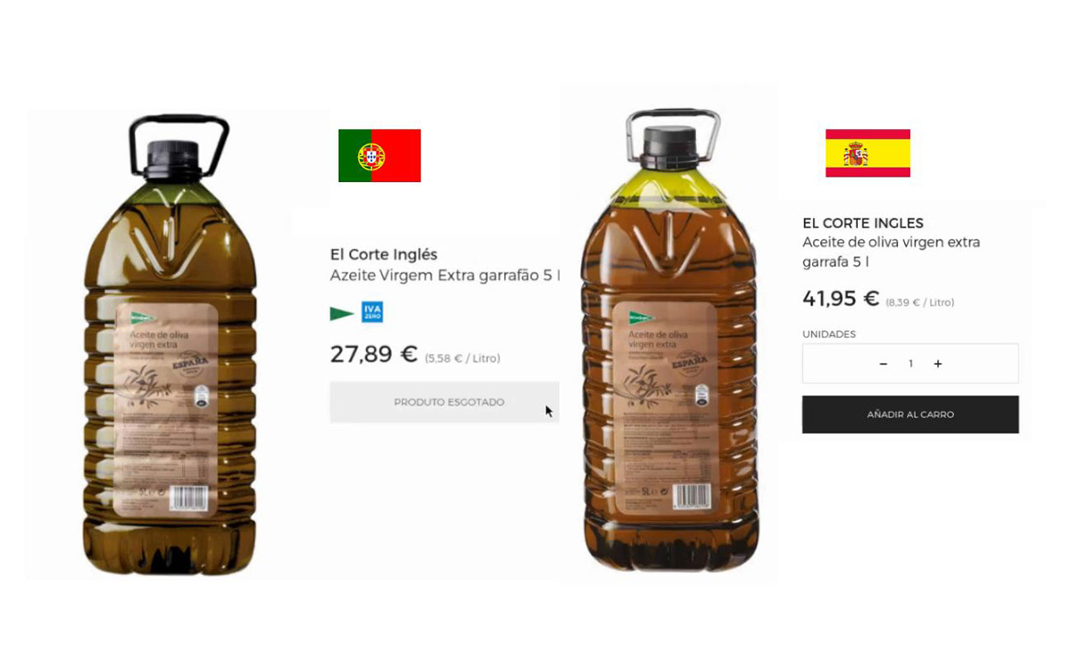 El Corte Inglés vende en España su aceite de oliva virgen extra 14 euros más caro que en Portugal
